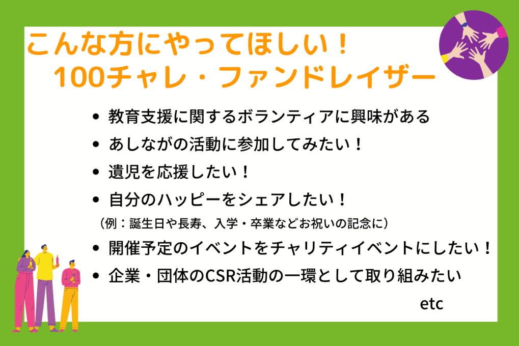 【こんな方にやってほしい!100チャレ・ファンドレイザー】 ・教育支援に関するボランティアに興味がある ・あしながの活動に参加してみたい! ・遺児を応援したい! ・自分のハッピーをシェアしたい!(例:誕生日や長寿、入学、卒業などお祝いの記念に) ・開催予定のイベントをチャリティイベントにしたい! ・企業・団体のCSR活動の一環として取り組みたい etc