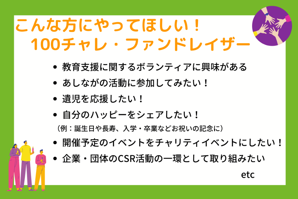 【こんな方にやってほしい！100チャレ・ファンドレイザー】 ・教育支援に関するボランティアに興味がある ・あしながの活動に参加してみたい！ ・遺児を応援したい！ ・自分のハッピーをシェアしたい！（例：誕生日や長寿、入学、卒業などお祝いの記念に） ・開催予定のイベントをチャリティイベントにしたい！ ・企業・団体のCSR活動の一環として取り組みたい　etc