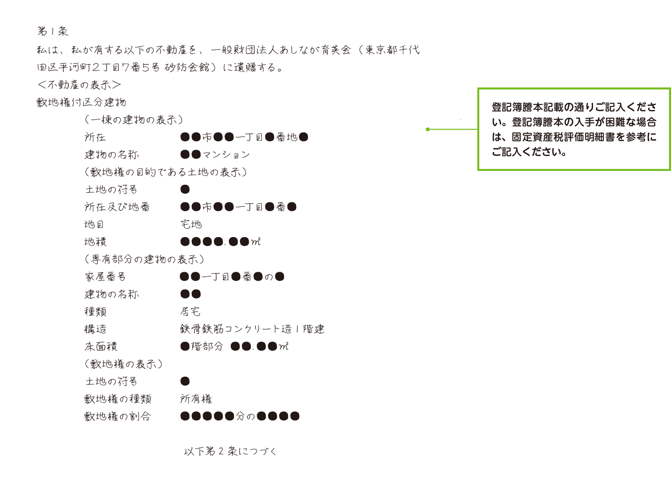 不動産（マンション）の所在地を記載する場合